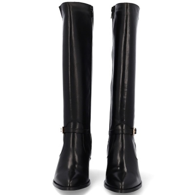 Botas femininas pretas altas em pele sintética com fecho de correr e fivela