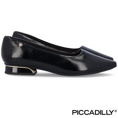 Sapatos femininos pretos em verniz com salto baixo e detalhe dourado