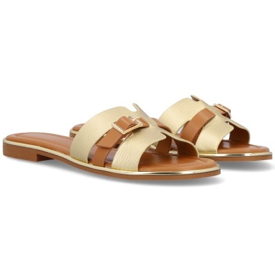 Chinelos rasos femininos beige e castanho com fivela dourada