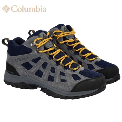 Botas de caminhada Columbia cinza e azul escuro com atacadores amarelos