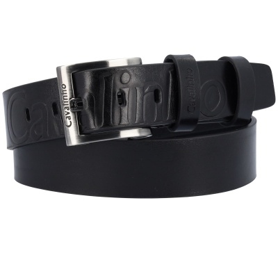 Cinto preto de pele com fivela metálica prateada e gravação