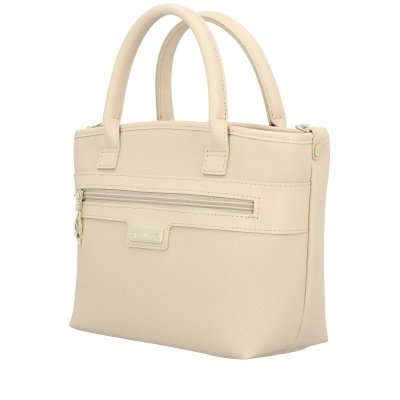 Mala de mão feminina bege clara com alças duplas e fecho de correr frontal.
