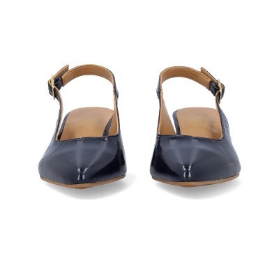 Sapatos femininos de biqueira quadrada verniz azul escuro com fivela dourada