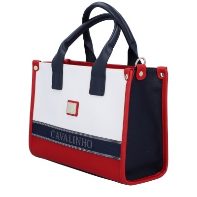 Mala Cavalinho tricolor azul, branco e vermelho com alças azuis e etiqueta metálica