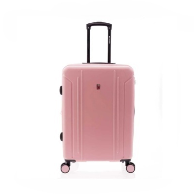 Mala de viagem rígida cor-de-rosa com quatro rodas e pega extensível preta