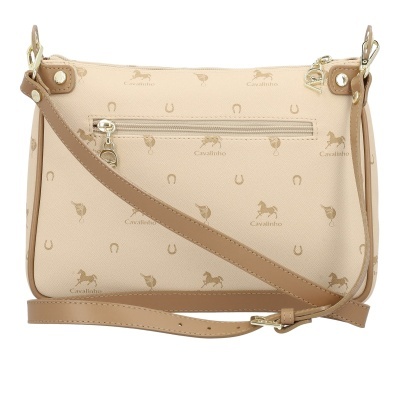 Mala de ombro bege com padrão de cavalos e ferraduras e alça castanha