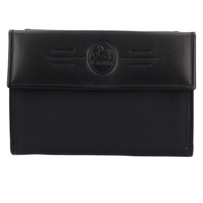 Carteira preta com aba em pele e logo Cavalinho em relevo