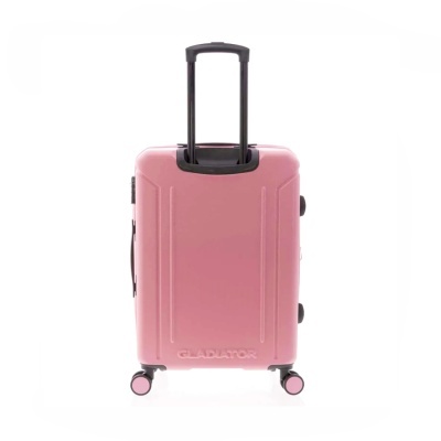 mala de viagem cor-de-rosa rígida com rodas e pega extensível preta