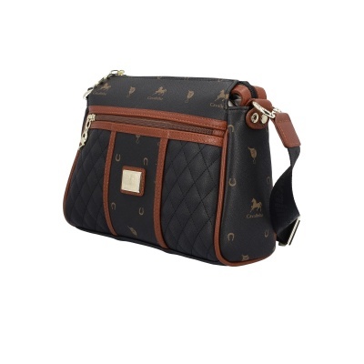 Mala de mão preta e castanha com padrão de cavalos e ferraduras douradas e alça ajustável.