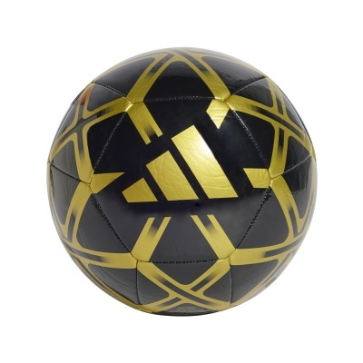 Bola de futebol preta com detalhes dourados e logo Adidas.