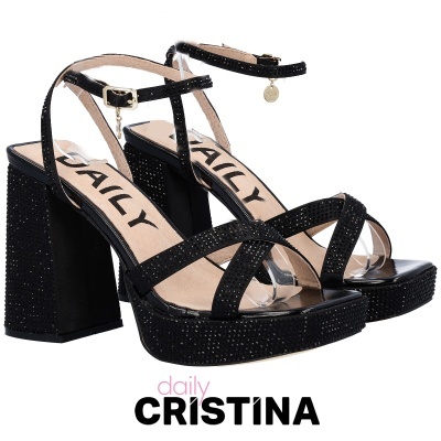 Sandálias pretas com salto alto e plataforma com brilho, alças finas e fivela dourada