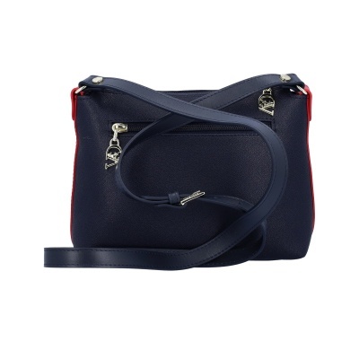 Bolsa feminina azul escura com detalhes vermelhos