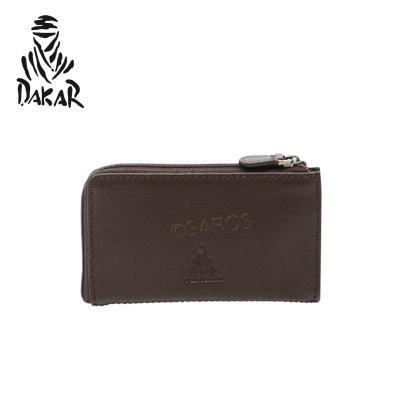 Carteira em pele castanha com fecho e gravações OSAROS e DAKAR