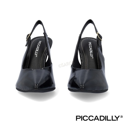 Sapatos femininos pretos de salto médio com fecho ajustável e acabamento brilhante