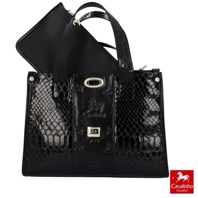 Saco de senhora preto com padrão de pele de cobra brilhante e bolsa preta lisa