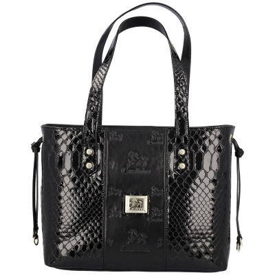 Mala de senhora preta com padrão de escamas de cobra e alças duplas