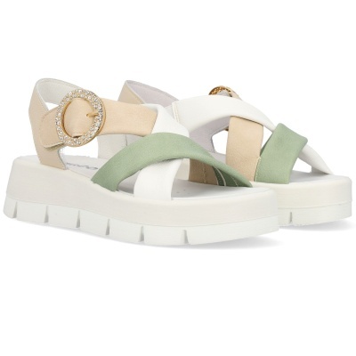 Sandálias de plataforma multicolor com fivela dourada e solado branco