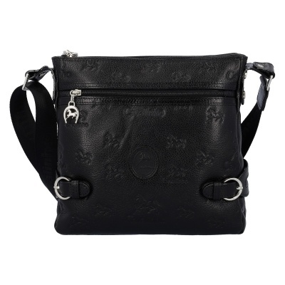 Mala tiracolo preta em pele com padrão gravado e detalhes metálicos prateados