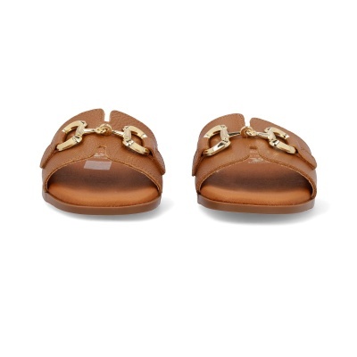 Chinelos femininos castanhos com detalhe dourado