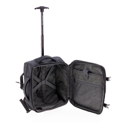 Mala de viagem preta aberta com puxador telescópico e interior organizado