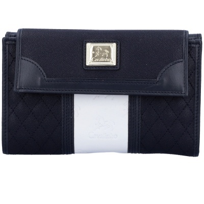 Carteira preta matelassê com faixa branca e emblema dourado Cavalinho