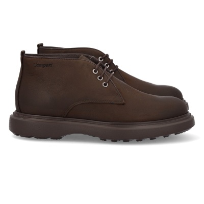 Sapatos masculinos castanhos de pele com sola larga castanha e atacadores