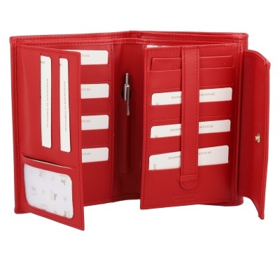 Carteira vermelha em pele aberta com cartões