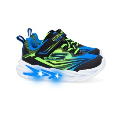 Sapatilhas infantis azuis, pretas e verdes com sola branca iluminada e fecho de velcro.