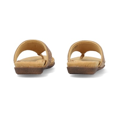 Chinelos de senhora bege com tira larga decorada e solado castanho