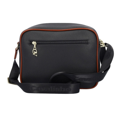 Bolsa transversal preta com detalhes castanhos e alça preta larga
