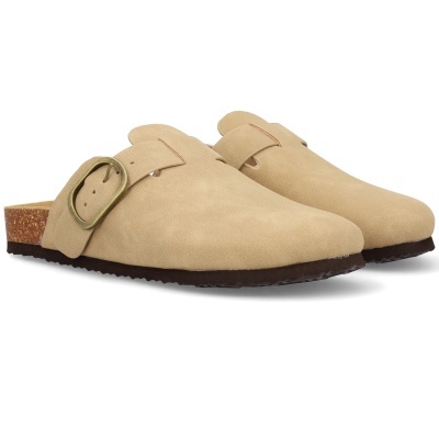 Sapatos mule de senhora em camurça bege com fivela dourada