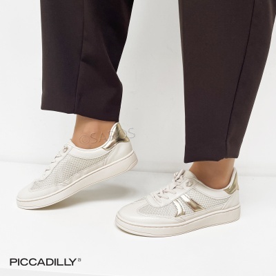 Ténis brancos com detalhes dourados em malha e sola branca