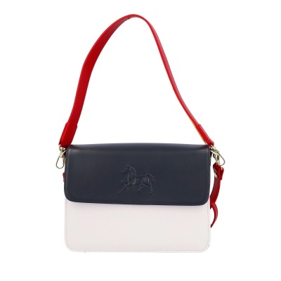 Mala de ombro preta, branca e vermelha com relevo de cavalo