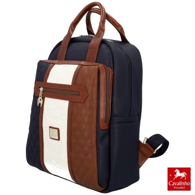 mochila Cavalinho azul, castanho e branco com bolso frontal e alças castanhas