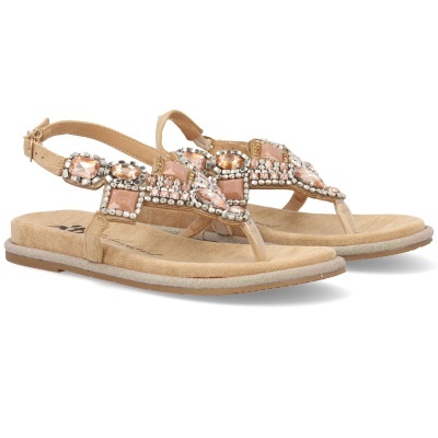 Sandálias rasas bege com pedras decorativas rosa e strass