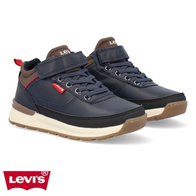 Sapatilhas Levi's azuis e castanhas com sola branca e detalhes vermelhos.