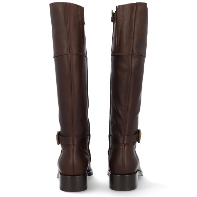 Botas altas de senhora em pele castanha escura com fivela