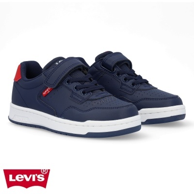 sapatos desportivos azuis escuros para crianças com sola branca e etiqueta vermelha Levi's