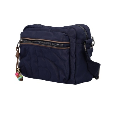 Mala de ombro azul escuro com fechos metálicos e pompons coloridos