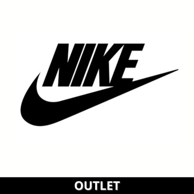 Logótipo preto da Nike sobre fundo branco com palavra OUTLET em faixa preta