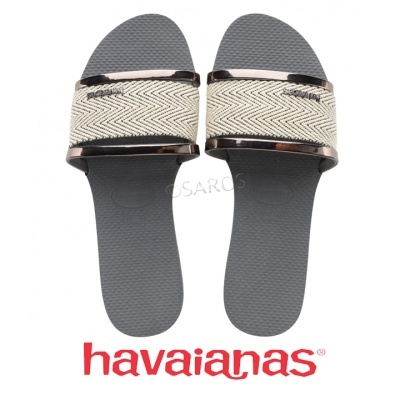 Chinelos Havaianas cinzentos com tiras brancas texturizadas e logótipo vermelho