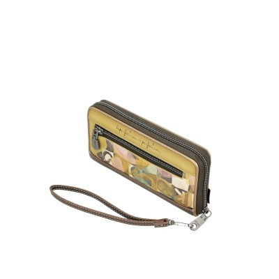 Carteira de senhora em couro com padrão abstrato e inscrição