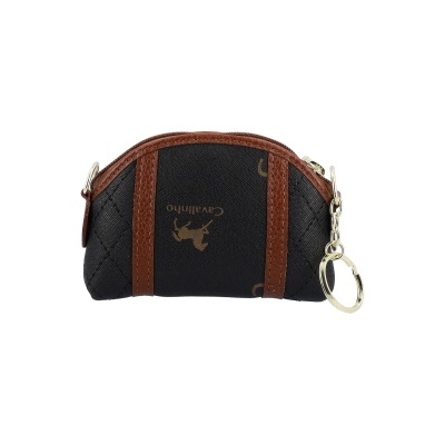 Carteira pequena preta com detalhes em pele castanha e porta-chaves metálico