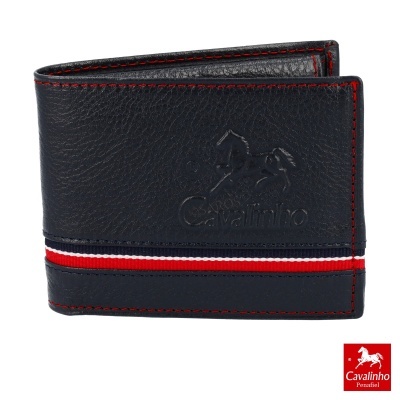 Carteira masculina preta em couro com faixa tricolor e logo Cavalinho