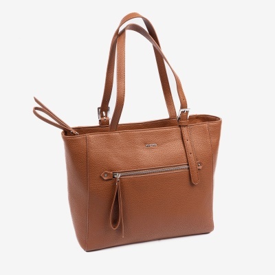 Mala de senhora castanha em pele com textura granulada e alças duplas