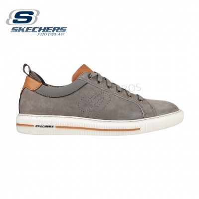 Sapatilha masculina cinza Skechers com detalhes castanhos e sola branca.
