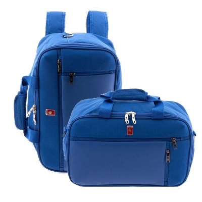 Conjunto de bolsa de viagem e mochila azuis com fechos éclair prateados e etiqueta vermelha