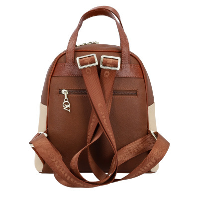 Mochila pequena castanha e cinza com alças e bolso com fecho