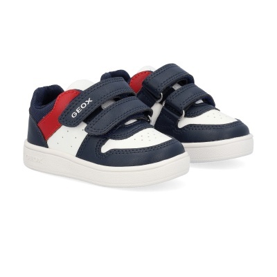 Sapatilhas infantis Geox com fechos de velcro em azul, branco e vermelho