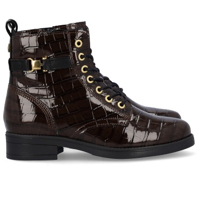 Botas de cano médio castanhas em padrão crocodilo com atacadores e fivela dourada